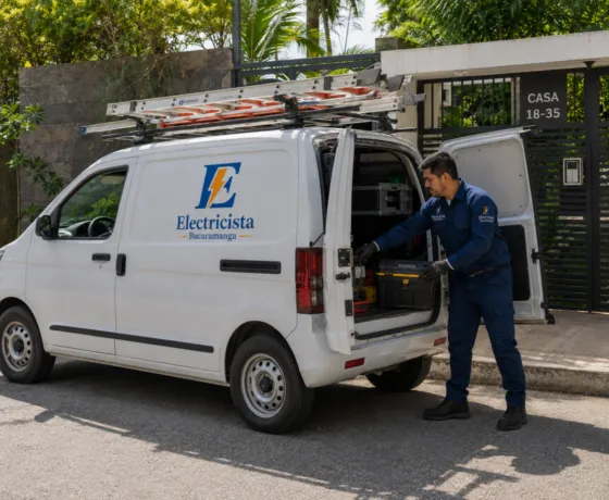 Camioneta rotulada de Electricista Bucaramanga y técnico uniformado prestando servicio a domicilio en Floridablanca