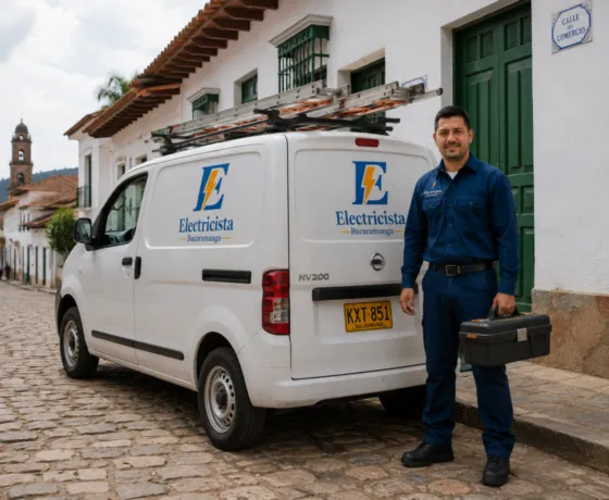 Camioneta rotulada de Electricista Bucaramanga y técnico en una calle empedrada de Girón